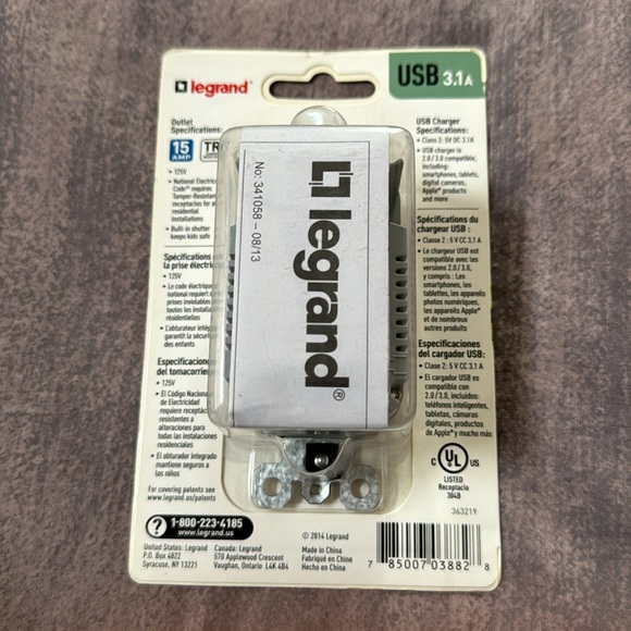 Legrand white 15 Amp Outlet with 3.1A USB Chargers. New.  Regular plug plus USB. - Picture 2 of 2